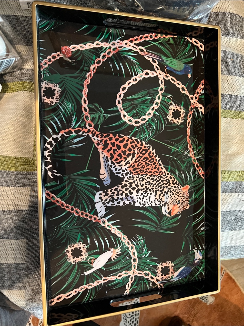 Decorative Leopard & Tropical Chain Serving Tray - Black & Green
